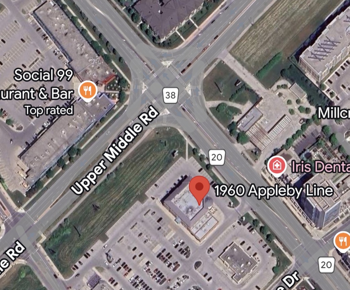 Aerial map showing the office location at 1960 Appleby Line in Burlington